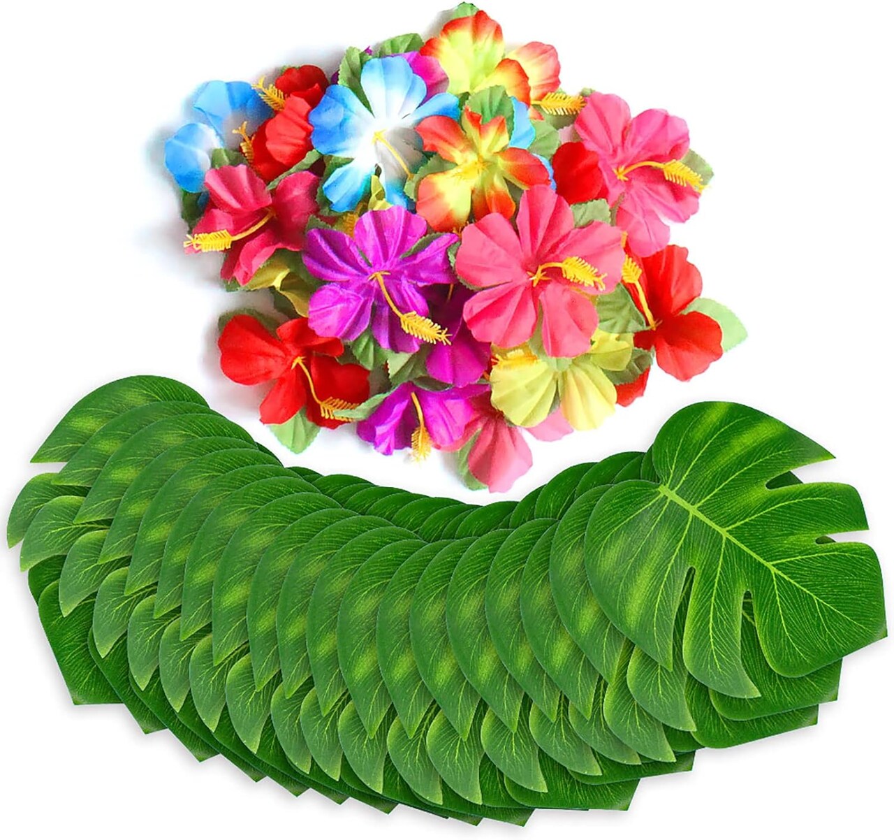 60Pcs Tropical Party Decorations Supplies Tropical Palm Leaves Hibiscus Flower Simulation Artificial Leaf for Hawaiian Luau Safari Party Jungle Beach Theme